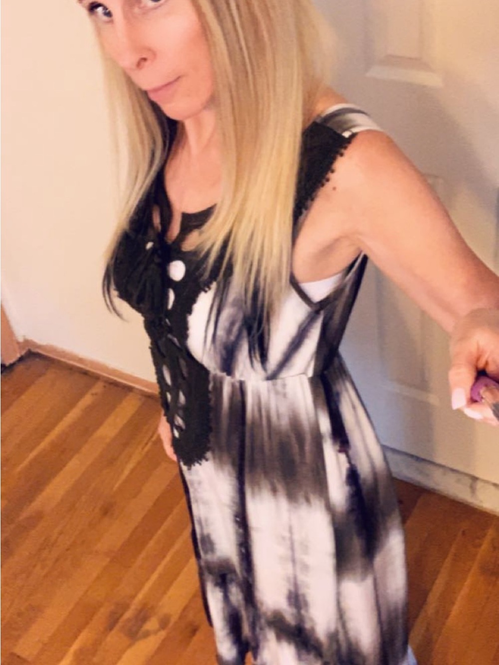 Venus Sleeveless Black & White Tie-Dye Maxi Dress with Crochet Detail